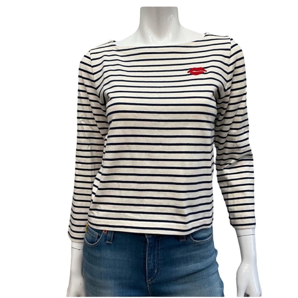 J.CREW Breton Stripe Boatneck Top Red Lip Embroidered Nautical Coastal XS